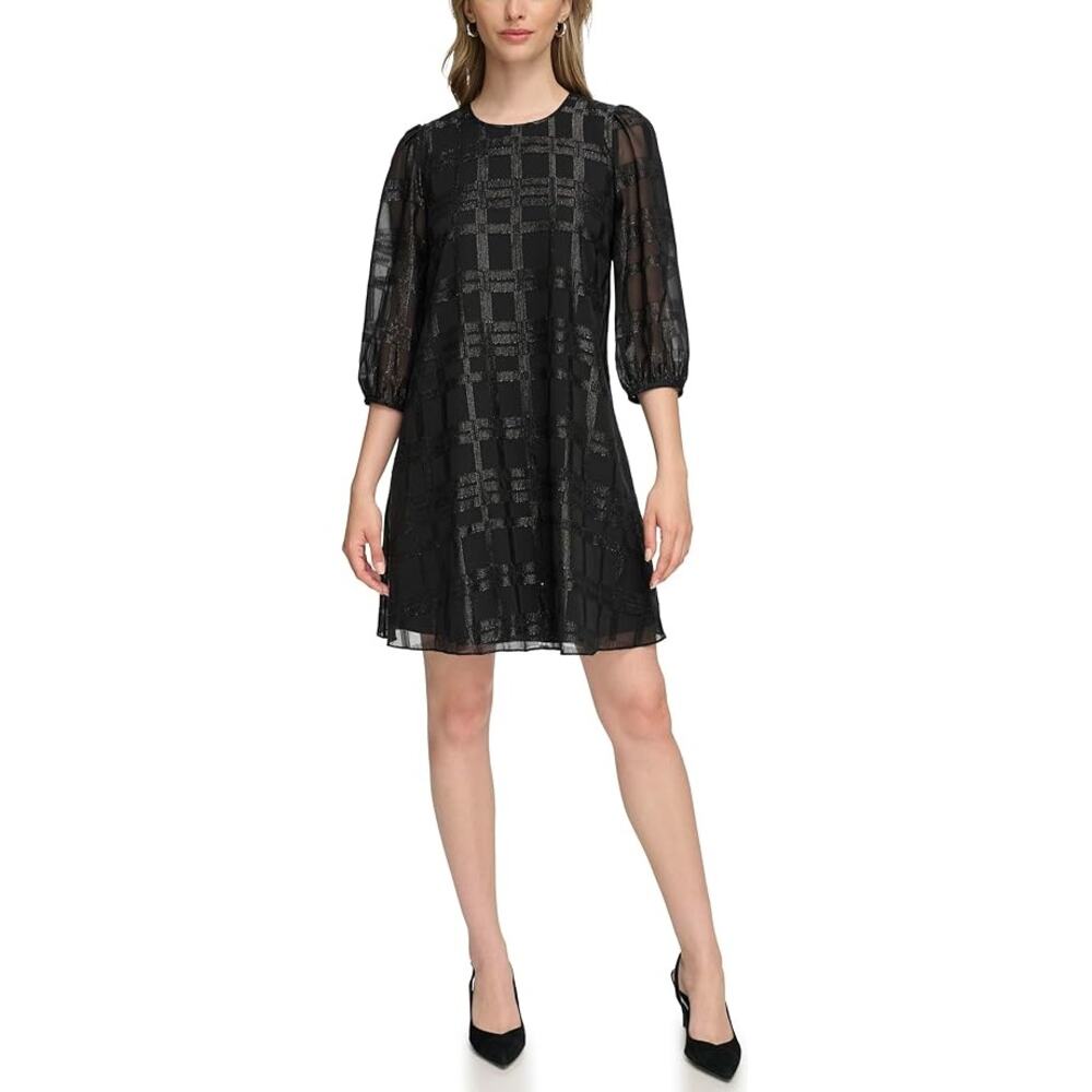 NEW Calvin Klein Glitter Chiffon Dress Sheath balloon‎ sleeve crewneck Holiday